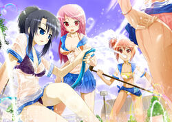  4girls adjusting_clothes adjusting_swimsuit bikini bikini_under_clothes black_hair blush breasts bubble cleavage cloud commentary_request day hose kamishima_mihori kikuno_mira kuromine_koyuki medium_breasts midriff multiple_girls navel open_clothes open_mouth open_shirt orange_hair original painttool_sai_(medium) pink_hair pleated_skirt ponytail porurin school_uniform see-through serafuku shiori_series shirt skirt sky swimsuit water wet wet_clothes wristband 