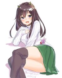  black_thighhighs brown_eyes brown_hair commentary_request dated female green_skirt horns kangoku_kou kantai_collection kisaragi_(kancolle) kisaragi_(setsubun_mode)_(kancolle) long_hair looking_at_viewer lying on_side open_mouth pleated_skirt ribbed_sweater simple_background skirt smile solo sweater thighhighs twitter_username white_background white_sweater 