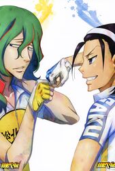  2boys absurdres ahoge blue_eyes cycling_uniform fingerless_gloves gloves green_hair hairband hand_in_own_hair highres incredibly_absurdres long_hair makishima_yuusuke male_focus mole mole_under_eye mole_under_mouth multiple_boys photoshop_(medium) purple_hair short_hair smile toudou_jinpachi watanabe_wataru_(mangaka) yowamushi_pedal 