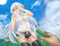  bad_id bad_pixiv_id belt black_thighhighs blue_hair blurry bra cloud day depth_of_field female hose kamishirasawa_keine lens_flare long_hair one_eye_closed petals red_eyes sakura_inu see-through shirt short_shorts shorts sky solo_focus sun thighhighs touhou underwear very_long_hair wet wet_clothes 