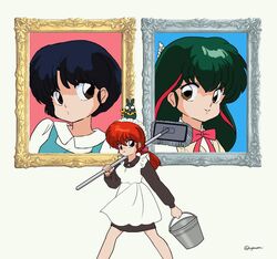  3girls animal blue_eyes broom brown_eyes bucket cyocomi3 genderswap_(mtf) green_hair hibiki_ryouga maid multiple_girls p-chan pig ponytail ranma-chan ranma_1/2 red_hair rule_63 saotome_ranma tagme unryuu_akari 