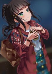  ajapar alternate_hairstyle bag black_hair blunt_bangs blurry bracelet can cardigan collarbone commentary_request female green_eyes hair_ornament hairclip handbag highres holding holding_can jewelry kurosawa_dia long_sleeves love_live! love_live!_school_idol_festival love_live!_sunshine!! mole mole_under_mouth night plaid plaid_skirt ponytail red_cardigan shirt sidelocks skirt smile solo sparkle watch white_shirt winter_clothes wristwatch 