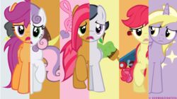  2013 amber_eyes apple_bloom_(mlp) babs_seed_(mlp) blonde_hair cutie_mark cutie_mark_crusaders_(mlp) dinky_hooves_(mlp) earth_pony english_text equid equine feathered_wings feathers female feral friendship_is_magic fur grey_body grey_feathers group hair hasbro horn horse male mammal multicolored_hair my_little_pony mythological_creature mythological_equine mythology orange_body orange_feathers orange_fur pegasus pony purple_body purple_fur red_hair rumble_(mlp) sad schwarzekatze4 scootaloo_(mlp) split_personality sweetie_belle_(mlp) text two_tone_hair unicorn white_body white_fur wings yellow_body yellow_fur young young_feral 