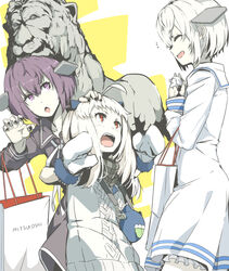  3girls ^_^ abyssal_ship abyssal_twin_princess_(black) abyssal_twin_princess_(white) alternate_costume bag black_nails closed_eyes colored_skin commentary_request dress horns kantai_collection long_hair long_sleeves mitsukoshi_(department_store) mittens multiple_girls nail_polish ninimo_nimo northern_ocean_princess open_mouth product_placement purple_eyes purple_hair red_eyes sailor_dress shopping_bag short_hair white_hair white_skin 