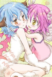  2girls animal_ears bird_legs bird_wings blue_hair commentary_request feathers fluff half-harpy harpy_(muromi-san) monster_girl multiple_girls namiuchigiwa_no_muromi-san photoshop_(medium) pink_hair reitomo scarf short_hair translated wings yellow_eyes yeti_(muromi-san) yuri 