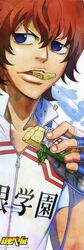  1boy absurdres blue_eyes cycling_uniform fingerless_gloves gloves highres incredibly_absurdres male_focus photoshop_(medium) red_hair shinkai_hayato solo watanabe_wataru_(mangaka) yowamushi_pedal 