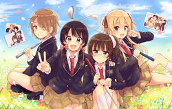  4girls :3 :d ^_^ absurdres bad_id bad_pixiv_id between_legs black_eyes black_footwear black_hair black_ribbon blonde_hair blush bow brown_hair brown_skirt closed_eyes closed_mouth collared_shirt commentary_request day eyes_visible_through_hair glasses golf_club grass hair_between_eyes hair_ornament hair_over_one_eye hair_ribbon hairbow hairclip hand_between_legs hand_on_another&#039;s_shoulder highres higuchi_kaede_(swing!!) holding holding_golf_club indian_style kneehighs long_hair long_sleeves looking_at_viewer low_twintails mary_janes miyasato_haruka multiple_girls necktie oerba_yun_fang okamoto_natsuhi on_grass on_ground open_mouth outdoors petals photo_(object) pink_bow pleated_skirt pointing pointing_at_self red_necktie ribbon rimless_eyewear sakura_oriko salute school_uniform seiza shirt shoes short_hair side_ponytail sitting skirt smile socks swing!! teeth twintails two_side_up upper_teeth_only v white_legwear white_shirt wing_collar yokomine_ibuki 