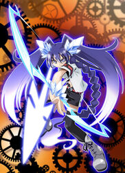  arrow belt blue_eyes blue_hair bow_(weapon) braid female full_body gears gen&#039;ei_wo_kakeru_taiyou hoshikawa_seira ice knee_boots magical_girl purple_eyes twintails very_long_hair weapon 