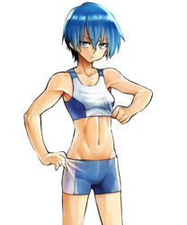  147 akuma_no_riddle azuma_tokaku bike_shorts blue_eyes blue_hair commentary_request female navel short_hair solo sports_bra toned 