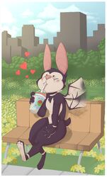  ambiguous_gender anthro bat bench biped building city closed_eyes cloud detailed_background digital_media_(artwork) flower forest grass heart_symbol hi_res mammal membrane_(anatomy) membranous_wings on_bench outside park plant shaded sitting sky slushie solo spazzyhusky teeth tree wings 