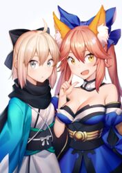  2girls ahoge ahri_(ari_30305) animal_ears bare_shoulders black_bow black_scarf bow breasts cleavage commentary detached_sleeves fate/grand_order fate_(series) fox_ears fox_tail hair_ribbon hairbow japanese_clothes kimono large_breasts looking_at_viewer multiple_girls obi oerba_yun_fang okita_souji_(fate) okita_souji_(koha-ace) open_mouth pink_hair ribbon sash scarf sheath shinsengumi short_kimono simple_background sleeveless sleeveless_kimono symbol-only_commentary tail tamamo_(fate) tamamo_no_mae_(fate/extra) white_background white_kimono yellow_eyes 