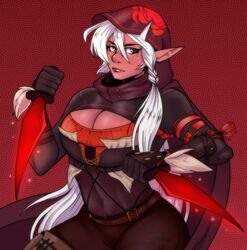  breasts cleavage covered_navel dark_skin dungeon_and_fighter female hood huge_breasts knife machinegun202 midriff pointy_ears shadow_dancer_(dungeon_and_fighter) source_request thief_(dungeon_and_fighter) white_hair 