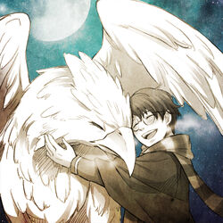  1boy ^_^ animification black_hair blush breath buckbeak cloak closed_eyes commentary_request full_moon glasses griffin happy harry_potter harry_potter_(series) harry_potter_and_the_prisoner_of_azkaban head_tilt heads_together hippogriff hogwarts_school_uniform hug jin_akhr light_particles long_sleeves moon night open_mouth outstretched_arm partially_colored scar scar_on_face scar_on_forehead scarf school_uniform striped_clothes striped_scarf upper_body wizarding_world 