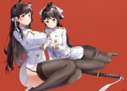  2girls animal_ears arched_back arm_support atago_(azur_lane) azur_lane black_hair black_pantyhose black_thighhighs bow breasts cherim closed_mouth commentary english_commentary flower full_body garter_straps gloves hair_between_eyes hair_flower hair_ornament holding_hands katana large_breasts long_hair long_sleeves looking_at_viewer military military_uniform miniskirt mole mole_under_eye multiple_girls orange_eyes pantyhose pencil_skirt pleated_skirt red_background ribbon saya_(scabbard) shirt side_slit sitting skirt smile standing swept_bangs sword takao_(azur_lane) thighhighs tsuba_(guard) tsuka_(handle) uniform weapon white_bow white_gloves white_ribbon white_shirt white_skirt yokozuwari zettai_ryouiki 