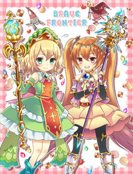  2girls armor blonde_hair blue_eyes boots bracelet brave_frontier checkerboard_cookie commentary_request cookie detached_sleeves dress food frilled_skirt frills fruit hair_ornament heart hoshino_(nia_hoshino) jewelry luly macaron multiple_girls necklace orange_hair purple_eyes short_hair skirt staff strawberry themis_(brave_frontier) thighhighs twintails 