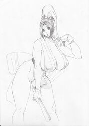  bonten breasts curvy fatal_fury female female huge_breasts japanese_clothes long_hair looking_at_viewer monochrome nipples no_bra ponytail shiranui_mai sideboob simple_background solo standing thong traditional_media 