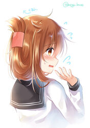  blush brown_eyes brown_hair cropped_torso eyebrows_visible_through_hair from_behind hair_between_eyes highres inazuma_(kantai_collection) kantai_collection long_hair long_sleeves megu_kaze open_mouth sailor_collar school_uniform serafuku shiny shiny_hair shirt simple_background solo sweatdrop tied_hair twitter_username upper_body white_background white_shirt 