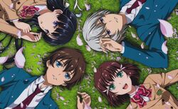  2boys 2girls black_hair blazer blue_eyes bow bowtie brown_hair cherry_blossoms circle_formation from_above grass green_eyes grey_hair hair_ornament highres jacket kakumeiki_valvrave l-elf lying multiple_boys multiple_girls necktie official_art on_back open_mouth purple_eyes rukino_saki sashinami_shouko school_uniform smile tokishima_haruto 