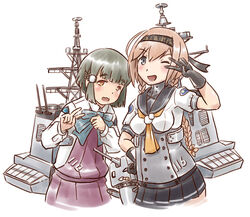  2girls badge black_gloves bob_cut braid brown_eyes brown_hair chou-10cm-hou-chan_(teruzuki&#039;s) clothes_writing commentary_request gloves green_hair grey_eyes hairband js_takanami_(kancolle) js_teruzuki_(kancolle) kantai_collection karasu_(naoshow357) light_brown_hair long_hair machinery multiple_girls one_eye_closed photoshop_(medium) school_uniform short_hair sidelocks takanami_(kancolle) teruzuki_(jmsdf) teruzuki_(kancolle) twin_braids v 