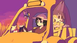  animal_ears bird_wings chinese_commentary commentary common_raccoon_(kemono_friends) driving fennec_(kemono_friends) figure fox_ears fox_tail head_wings japanese_crested_ibis_(kemono_friends) japari_bus kaban_(kemono_friends) kemono_friends litamisu multiple_girls raccoon_ears raccoon_tail serval_(kemono_friends) short_hair tail wings 