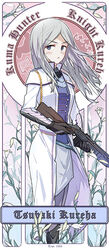  adapted_costume art_nouveau blue_eyes blush character_name commentary_request female flower gan_xing_naobing gloves gun lily_(flower) long_hair looking_at_viewer photoshop_(medium) rifle silver_hair solo tsubaki_kureha weapon yuri_kuma_arashi 