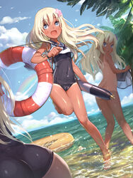  4girls ass blonde_hair chibi cloud commentary_request convenient_censoring covered_navel day flower hair_flower hair_ornament highres innertube kantai_collection lifebuoy long_hair multiple_girls multiple_persona musaceae nude observerz one-piece_swimsuit one-piece_tan outdoors palm_tree ro-500_(kancolle) school_swimsuit school_uniform serafuku shimakaze_(kancolle) sky smile swim_ring swimsuit swimsuit_under_clothes tan tanlines torpedo tree water 