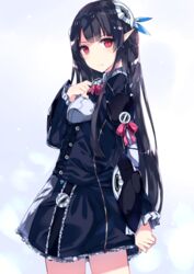  anette_(pso2) bad_id bad_pixiv_id black_hair blush breasts cowboy_shot dress female hair_ornament kurebayashi_noe long_hair long_sleeves looking_back phantasy_star phantasy_star_online_2 pointy_ears red_eyes revision small_breasts solo uniform 