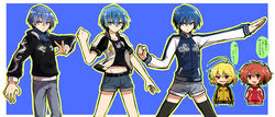  147 3girls ahoge akuma_no_riddle azuma_tokaku belt blonde_hair blue_eyes blue_hair check_translation commentary_request denim denim_shorts groin hashiri_nio highres ichinose_haru jacket jeans legs_apart letterman_jacket midriff multiple_girls navel open_mouth pants poses red_eyes red_hair short_hair short_shorts shorts sweater_vest thighhighs tomboy translation_request twintails 