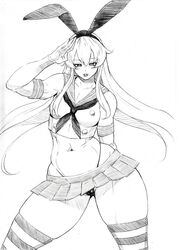  bare_shoulders blush bonten breasts curvy female female gloves hair_ribbon hairband highleg highleg_panties kantai_collection long_hair looking_at_viewer monochrome naughty_face parted_lips ribbon salute scan shimakaze_(kantai_collection) skirt solo standing string_panties striped striped_legwear thick_thighs thong wide_hips 