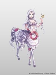  akkrs bird blue_eyes braid breasts centaur cleavage commentary_request company_name female flower full_body grey_background grey_hair gyakushuu_no_fantasica head_wreath_removed horns jewelry leaf long_hair medium_breasts monster_girl navel necklace official_art simple_background single_horn solo taur veil 