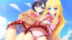  2girls :o blonde_hair blue_eyes blue_panties blush bow bow_panties bowtie breasts brown_sweater cameltoe cardigan circle_name clothes_lift cloud cloudy_sky commentary_request cowboy_shot crotch_seam day dress_shirt dutch_angle frilled_panties frills gabriel_dropout gabriel_tenma_white hair_ornament large_breasts lifting_own_clothes liya long_hair looking_at_viewer medium_breasts miniskirt multiple_girls open_mouth outdoors panties parted_lips pink_panties plaid plaid_skirt purple_eyes purple_hair red_bow red_bowtie red_skirt ribbon-trimmed_panties school_uniform shirt short_hair skirt skirt_lift sky standing sweater thigh_gap underwear very_long_hair vignette_tsukinose_april white_shirt wing_collar x_hair_ornament yumehiko 