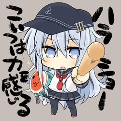  :3 black_skirt black_thighhighs blue_eyes blue_hair chibi commentary_request female flat_cap hat hibiki_(kancolle) highres kantai_collection long_hair no_shoes open_mouth pleated_skirt plover school_uniform serafuku simple_background skirt solo taiko_no_tatsujin thick_eyebrows thighhighs wada_don 