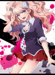  bad_id bad_pixiv_id big_hair blue_eyes bow breasts cleavage danganronpa:_trigger_happy_havoc danganronpa_(series) enoshima_junko female hairbow highres letterboxed long_hair medium_breasts nishikawa_(fe) open_mouth pink_hair pleated_skirt skirt sleeves_rolled_up solo 