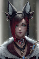  animal_ears black_hair blurry blurry_background braid cat_ears choker chuby_mi earrings face facial_mark fake_animal_ears final_fantasy final_fantasy_xiv fox_ears green_eyes hair_ornament highres jewelry lips looking_at_viewer marie_makise md5_mismatch miqo&#039;te multicolored_hair pendant red_hair signature slit_pupils smile solo two-tone_hair 