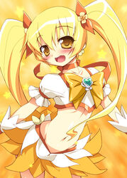  blonde_hair blush bow brooch choker commentary_request cure_sunshine female hair_ribbon heart heart_brooch heartcatch_precure! jewelry long_hair magical_girl midriff myoudouin_itsuki navel open_mouth orange_bow orange_choker orange_skirt photoshop_(medium) precure ribbon skirt solo star_(symbol) tachibana_surimu twintails wrist_cuffs yellow_background yellow_bow yellow_eyes yellow_theme 