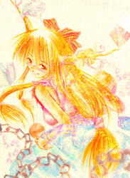  bad_id bad_pixiv_id bow chains female hairbow horns ibuki_suika konoe_yuba long_hair marker_(medium) orange_hair red_eyes solo touhou traditional_media 