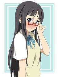  adjusting_eyewear black_eyes black_hair commentary_request cosplay extra female glasses ikari_manatsu k-on! long_hair manabe_nodoka manabe_nodoka_(cosplay) rectangular_eyewear red-framed_eyewear sakuragaoka_high_school_uniform school_uniform semi-rimless_eyewear solo takahashi_fuuko under-rim_eyewear upper_body 