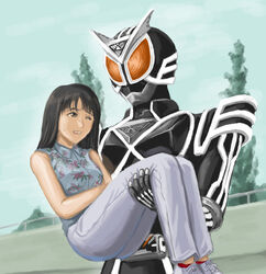  1boy ;d black_hair bodysuit carrying commentary_request female fir_tree head_tilt helmet kamen_rider kamen_rider_555 kamen_rider_delta kimura_saya long_hair one_eye_closed open_mouth princess_carry smile stmk64 tree 