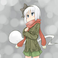  blue_eyes blush bow coat commentary_request female hairbow hitodama konpaku_youmu konpaku_youmu_(ghost) myonde scarf solo touhou white_hair 