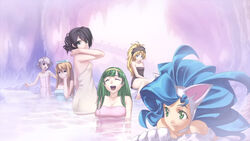  6+girls aiba_mikoto animal_ears animal_hands ar_tonelico ar_tonelico_i atelier_(series) aurica_nestmile bathing big_hair black_hair blonde_hair blue_eyes blue_hair brown_hair capcom cat_ears cave cross_edge crossover felicia_(vampire) folded_ponytail green_eyes green_hair grey_hair hairband hirano_katsuyuki liliane_vehlendorf long_hair mana_khemia_(series) mana_khemia_2 may_(cross_edge) misha_arsellec_lune multiple_crossover multiple_girls official_art photoshop_(medium) same-sex_bathing shared_bathing short_hair towel towel_on_head vampire_(game) water 