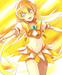  blonde_hair bow brooch choker cure_sunshine female heart heart_brooch heartcatch_precure! jewelry kazuki_sanbi long_hair magical_girl midriff myoudouin_itsuki navel open_mouth orange_choker outstretched_arms precure skirt smile solo spread_arms transformation yellow_bow yellow_eyes yellow_theme 