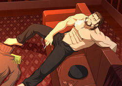  1boy abs bara beard brown_hair cigarette commentary_request couch epaulettes facial_hair glasses male_focus muscular muscular_male pants radi_jaeger senjou_no_valkyria_(series) senjou_no_valkyria_1 smoking solo topless_male unworn_eyewear zelo-lee 