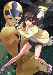  animification brown_eyes brown_hair commentary_request female hanaori_kotoha hood hoodie izumi_rion kneehighs legs samurai_sentai_shinkenger shinken_yellow short_hair socks super_sentai sword weapon 