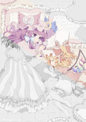  2girls bad_id bad_pixiv_id blonde_hair closed_eyes crescent crescent_hat_ornament flandre_scarlet frills hat hat_ornament multiple_girls oto patchouli_knowledge photoshop_(medium) ponytail purple_eyes purple_hair ribbon short_hair side_ponytail touhou wings 