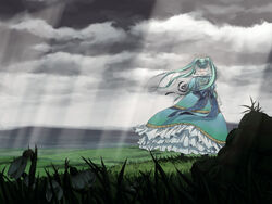  aqua_hair cloud commentary_request dress female field flower from_behind grass hane_wa_nai_kedo_watashi_wa_toberu_(vocaloid) hatsune_miku landscape light_rays long_hair medieval sky solo sunbeam sunlight twintails vocaloid watari_taichi wind 