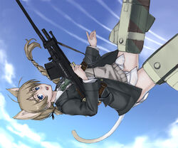  animal_ears bad_id bad_pixiv_id blue_eyes boys_anti_tank_rifle braid cat_ears cat_girl cat_tail female flying lynette_bishop niccohudou no_pants panties pantyshot photoshop_(medium) single_braid solo strike_witches striker_unit tail underwear weapon world_witches_series 