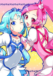  2girls aqua_hair blue_choker blue_eyes bow brooch choker commentary_request cure_blossom cure_marine hair_ribbon hairbow hanasaki_tsubomi hand_on_another&#039;s_shoulder head_hold heart heart_brooch heartcatch_precure! high_ponytail imminent_kiss jewelry kurumi_erika long_hair magical_girl multiple_girls one_eye_closed pink_bow pink_choker pink_eyes pink_hair pochi_(pochi-goya) ponytail precure ribbon very_long_hair 