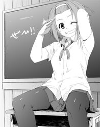  aiba-tsukiko commentary_request desk female greyscale grin hairband k-on! monochrome one_eye_closed pantyhose sakuragaoka_high_school_uniform salute school_desk school_uniform short_hair smile solo tainaka_ritsu 