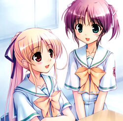  2girls absurdres asagiri_mai bekkankou blonde_hair brown_hair cynthia_marguerite desk green_eyes hair_ribbon highres long_hair multiple_girls ponytail red_eyes ribbon school_uniform short_hair short_twintails twintails very_long_hair yoake_mae_yori_ruri_iro_na 