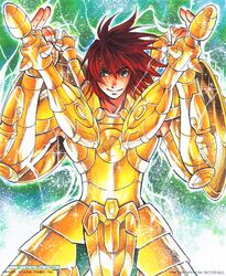  1boy armor gold_armor gold_saint green_eyes libra_douko looking_at_viewer male_focus red_hair saint_seiya saint_seiya:_the_lost_canvas smile solo teshirogi_shiori 